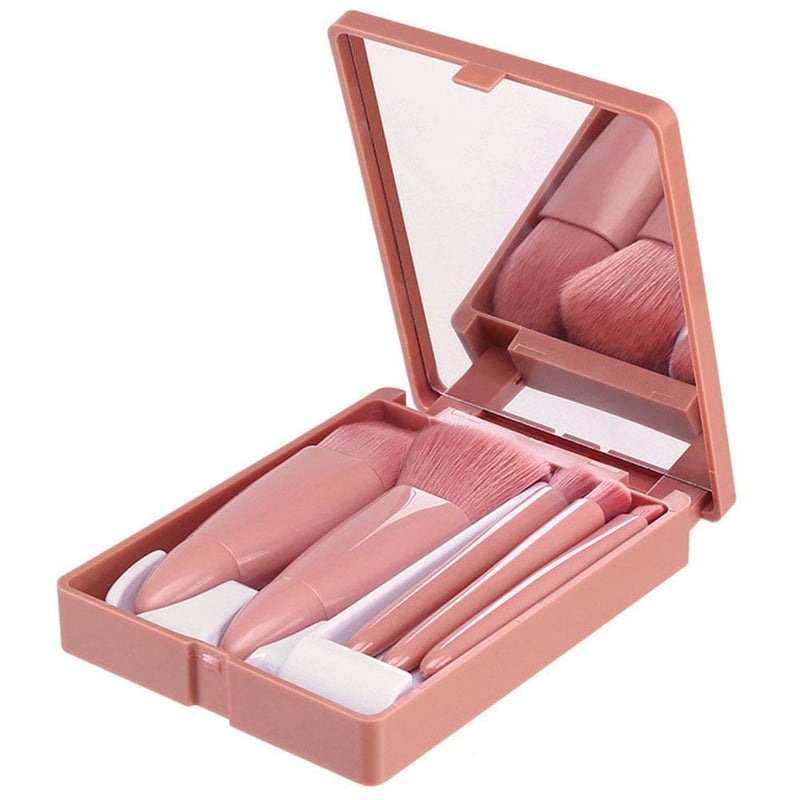 Portable 5-piece makeup brush set with mirror: Mini multi-functional powder brush, foundation brush, eyeshadow brush, blending brush.